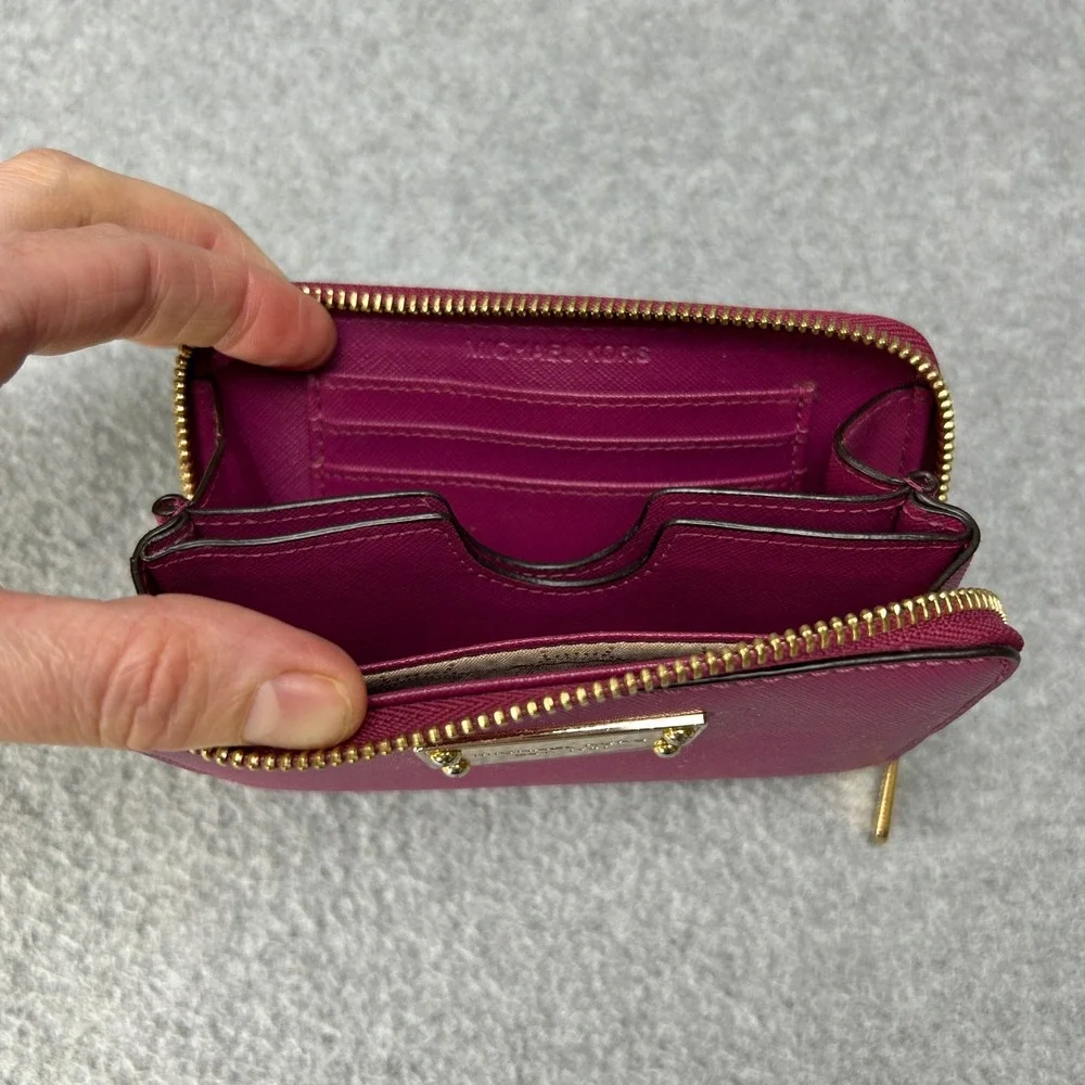 Michael Kors Plum Pink Leather Zip Around‎ Small Card Case Wallet Gold Hardware